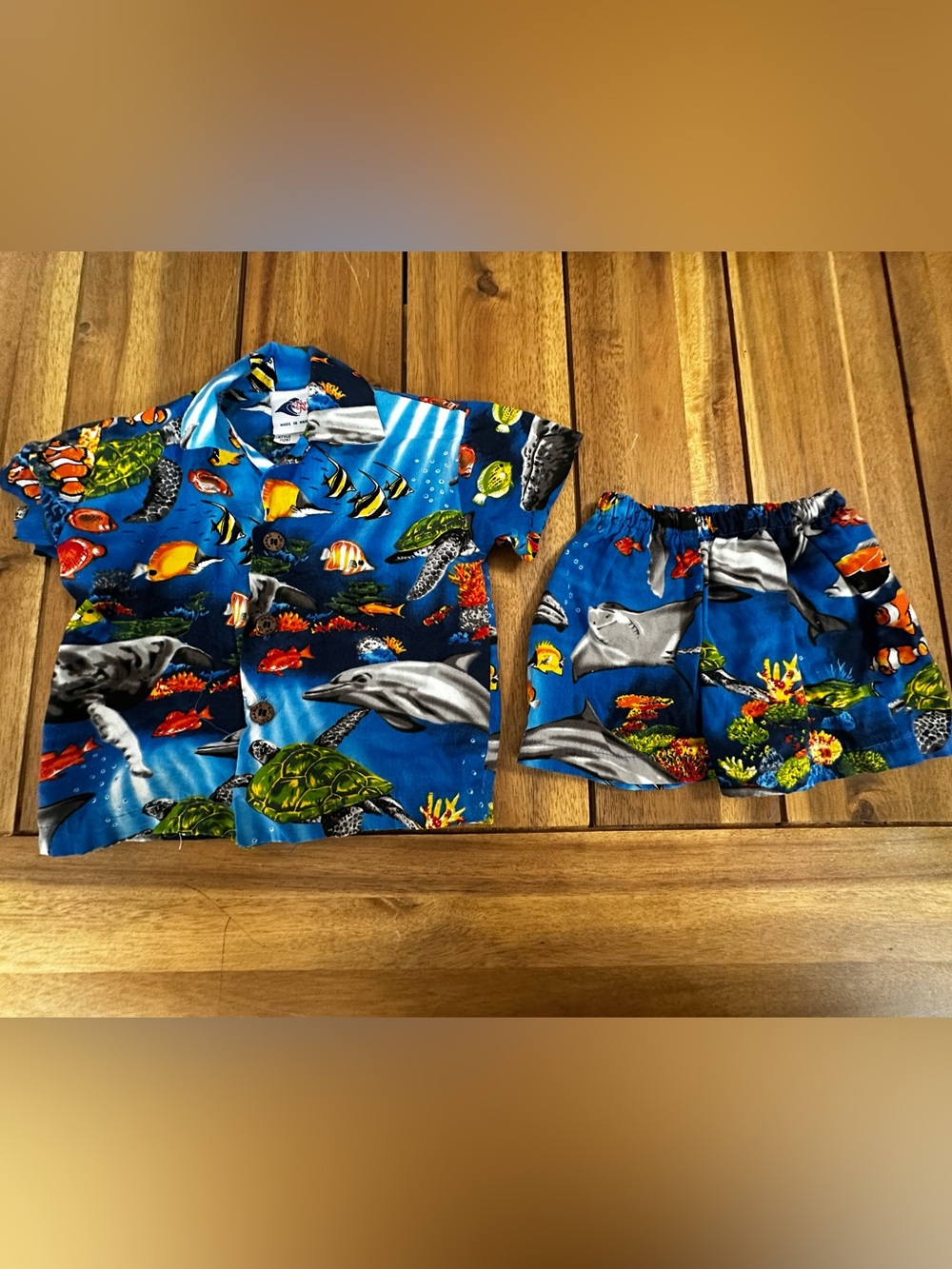 Baby Nui Nalu Blue Ocean Animal Hawaiian Shirt & Shorts Set size 6m